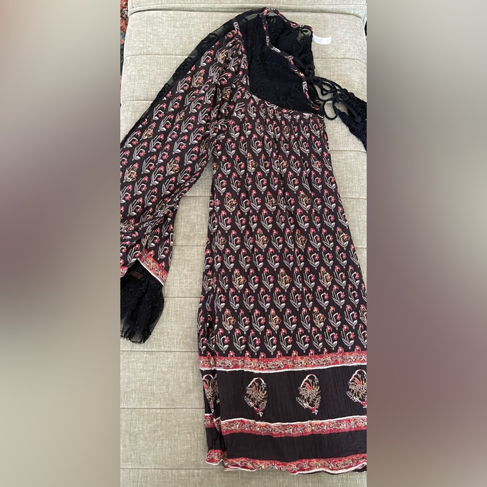 Free People Black and Red Lace Detail Top